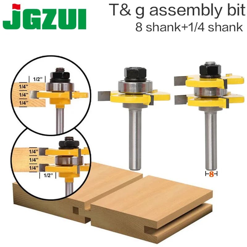 High Quality 2-Piece 8mm Shank Tongue & Groove Joint Assembly Router Bit Set for 3/4 Wood Cutting - RCT