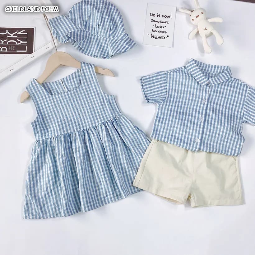 Plaid Toddler Girls Dress and Baby Boy Girl Clothes Set for Summer Family Matching Outfits