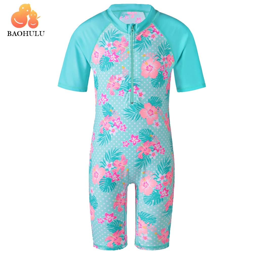 BAOHULU Baby Girl Swimsuit Cyan Flower UV UPF50+ One Piece Kids Swimwear for 3-12 Years