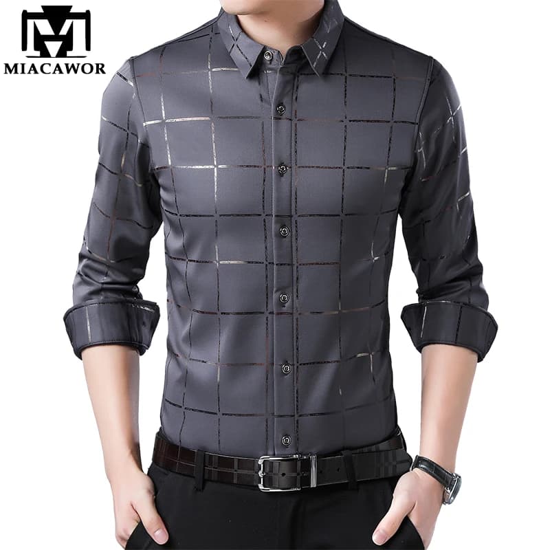 MIACAWOR Men's Plaid Long Sleeve Casual Dress Shirts Slim Fit C493