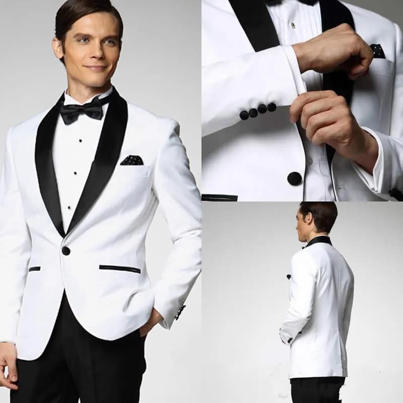 Mens White Wedding Suits with Black Lapel, Elegant Tuxedos for Grooms, Best Man, and Prom