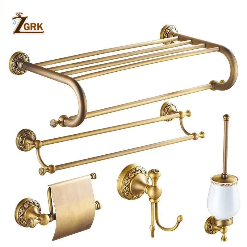 ZGRK All Copper Brushed Bathroom Hardware Set - European Modern Towel Ring, Toilet Paper Holder, Cup Holder, Robe Hook
