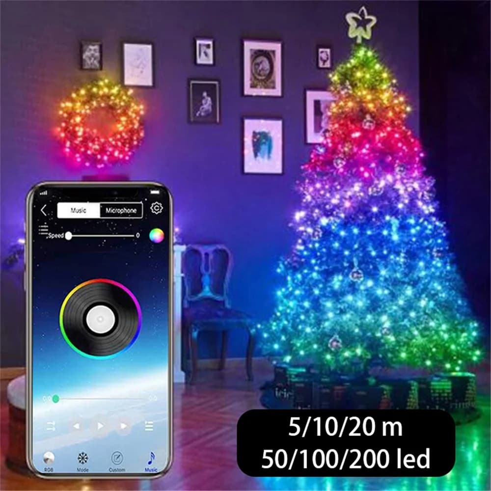 Waterproof USB LED String Lights with Bluetooth App Control - Perfect for Outdoor Christmas Tree Decoration