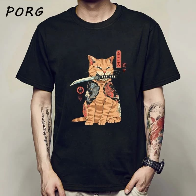 Men's Catana Cool Summer Loose Fit Cat Print Anime T-Shirt - Unisex Casual Short Sleeve Japanese Tee for Men and Women