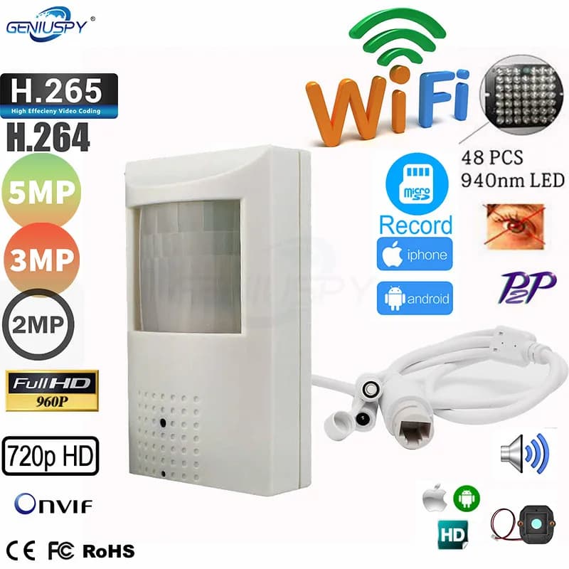 5MP 1080P Pinhole WiFi IP Camera with 940nm IR Night Vision, 2MP Security Camera, Built-in Microphone, Audio, PIR Sensor, Onvif, Camhi App, Wired and Wireless Connection