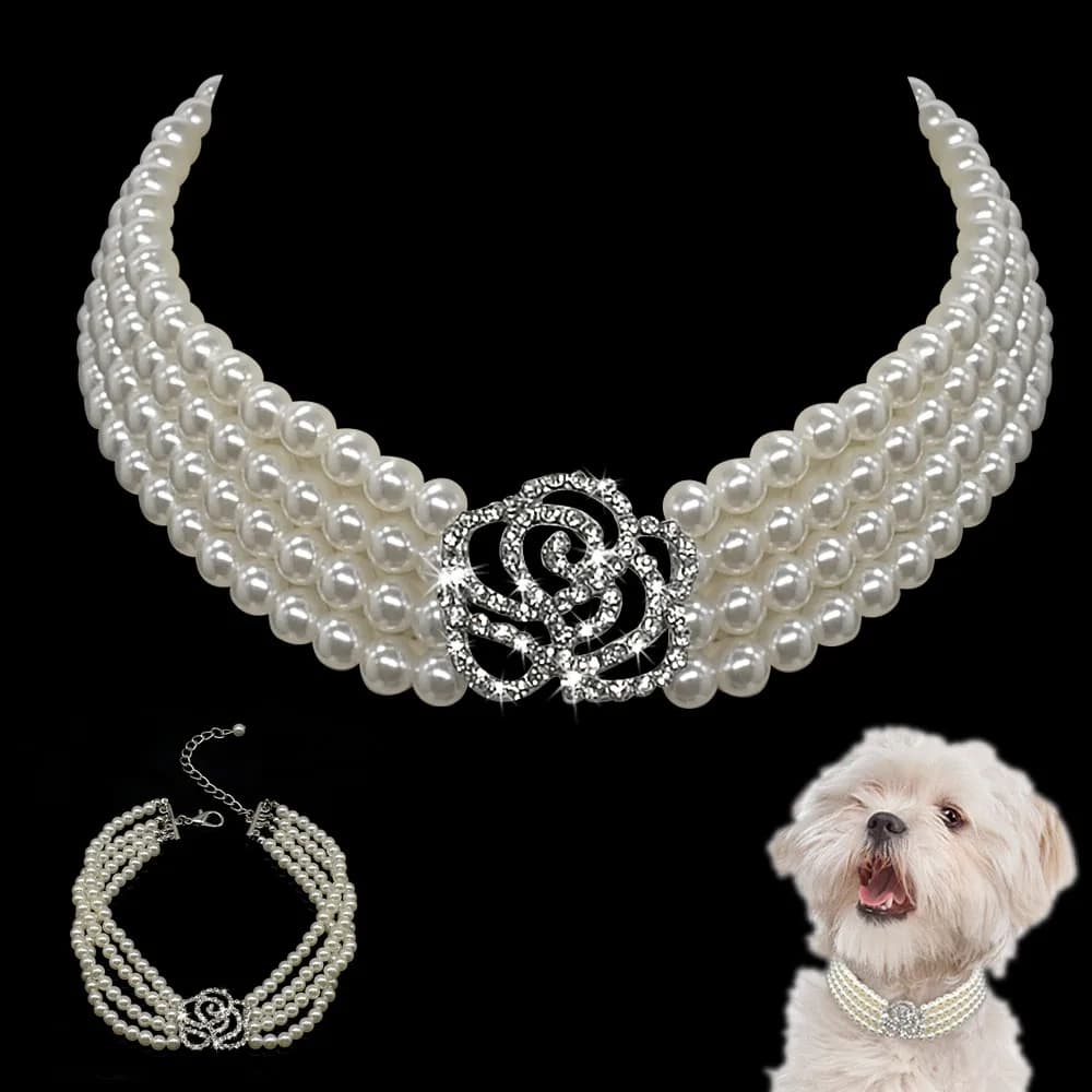 Elegant Crystal Dog Collar Necklace - Choker Style, Rhinestone and Pearl Luxury Pet Accessories for Chihuahua Dogs - D30