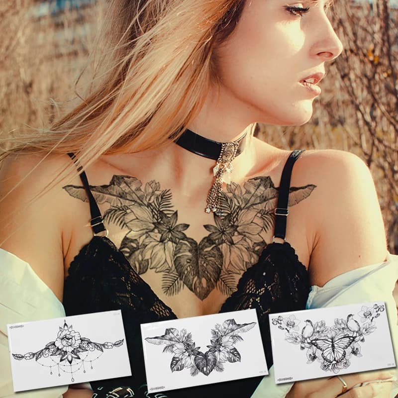 Large Underboob Sternum Temporary Tattoo Sticker with Arabic Lace and Mandala Design - Sexy Fake Breast Henna Tattoo Decal