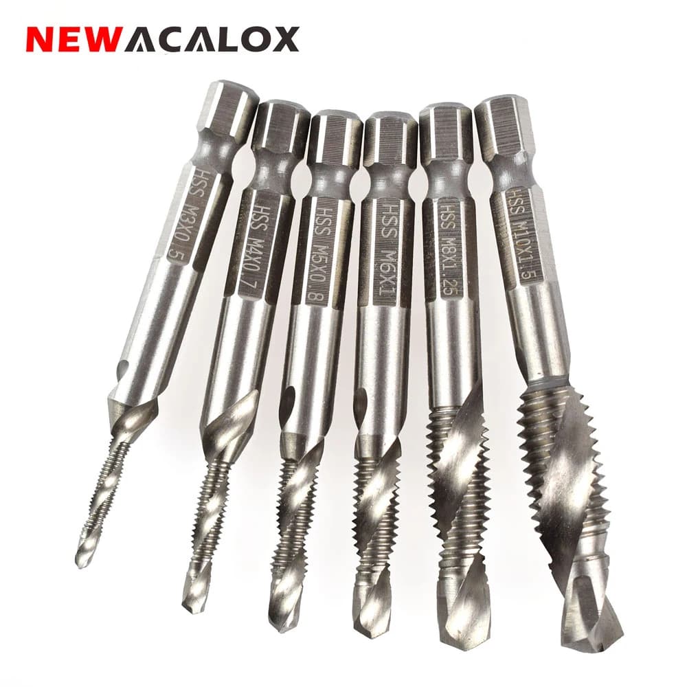 6-Piece Set of NEWACALOX 1/4'' Hex HSS High-Speed Steel Metric Composite Tap Drill Bits for Thread Spiral Screw M3 M4 M5 M6 M8 M10 Tapping