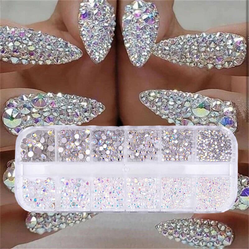 Set of 12 Boxes AB Crystal Rhinestone Diamond Gem 3D Glitter Nail Art Decorations for Beauty Enhancement