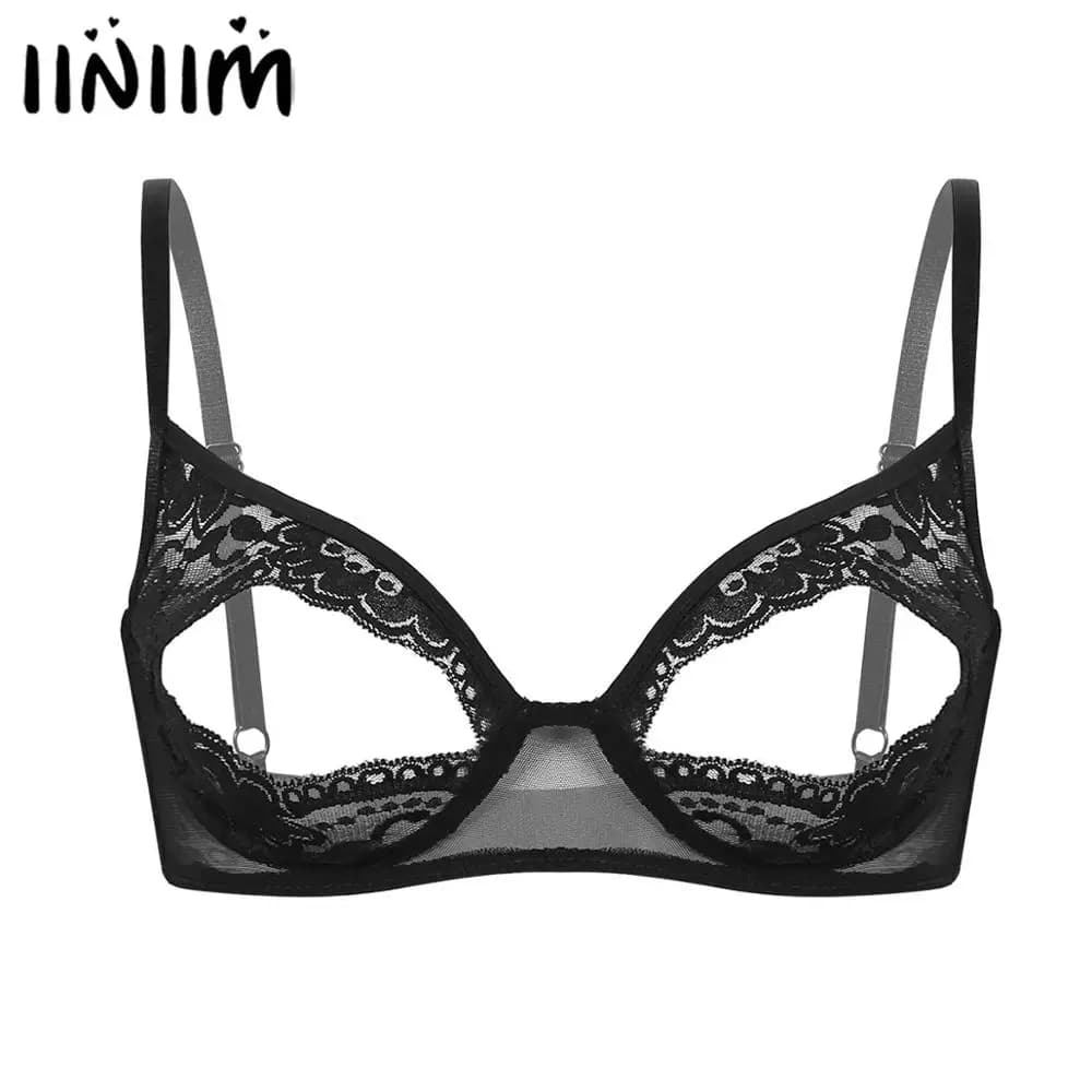 Iiniim Sheer Lace Floral Barlette Push Up Babydoll Bra Tops for Women - Hot Erotic Lingerie with Sexy Open Nipple and Sissy Design - Femme Shelf Bra