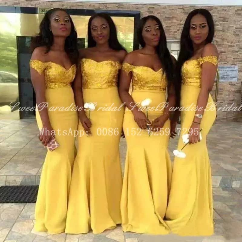 Gold Yellow Sequined Bridesmaid Dresses Mermaid - Authentic 100% Real Photos, Boat Neck, Long Fishtail Wedding Party Dress for Women