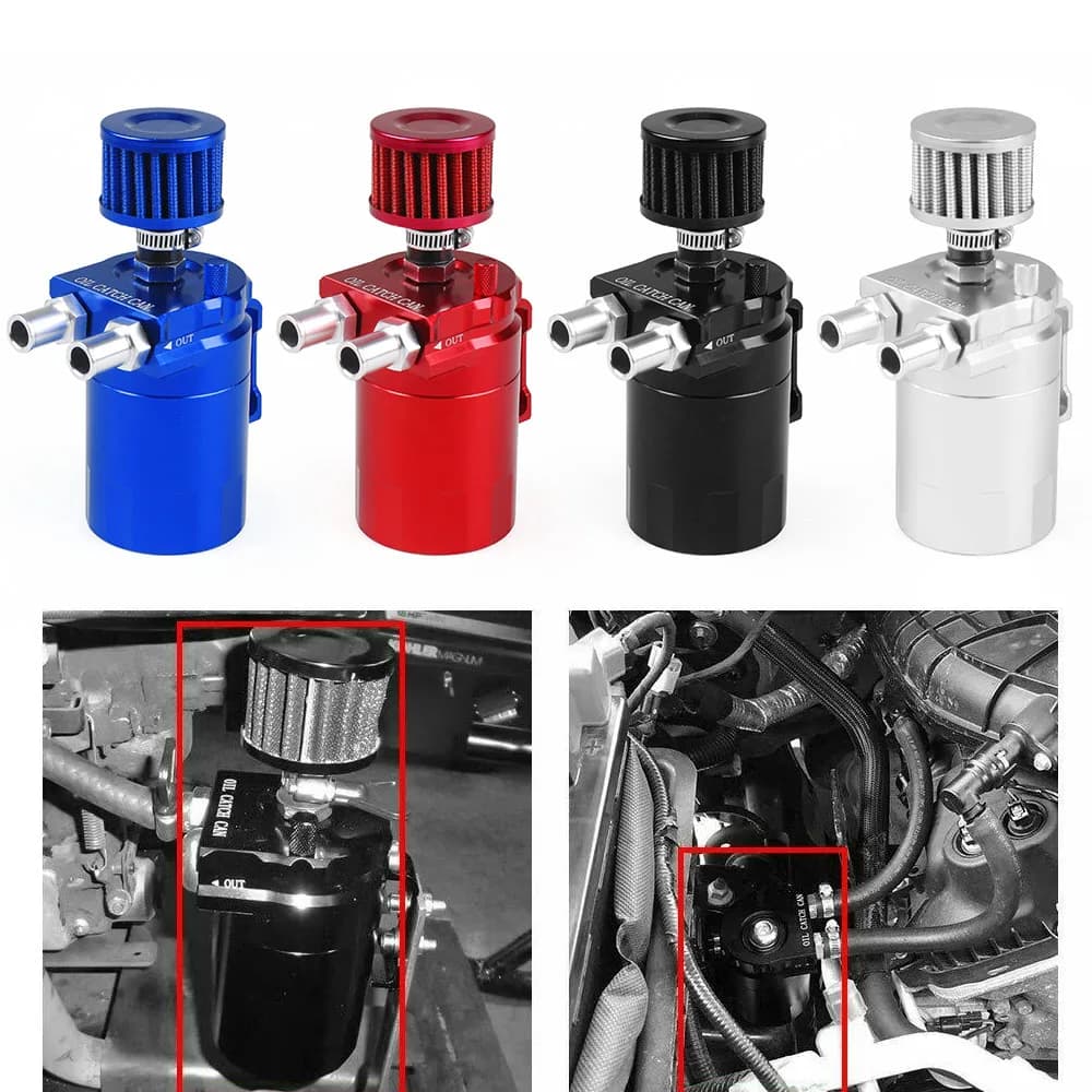 Universal Aluminum Oil Catch Can Reservoir Tank with Mini Breather Filter, Baffled Design, 9mm & 15mm Fittings, Includes Oil Dipstick