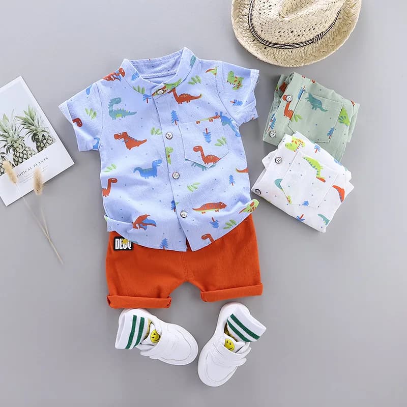 Toddler Boy Summer Outfit Set - Cartoon Dinosaur Print Short Sleeve Shirt and Pants - Baby Boy Clothes
