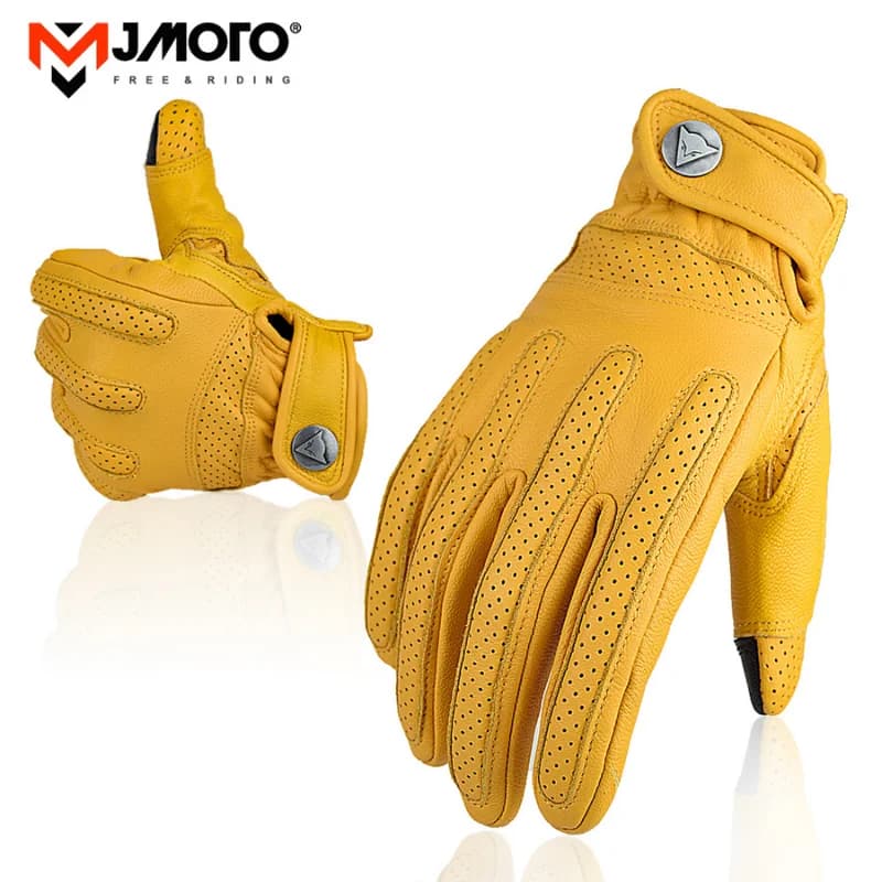 Men's Summer Leather Motorcycle Gloves - Breathable Biker Gloves with Touch Screen Technology - Retro Sheepskin Design for Motocross and Motorbike Riding