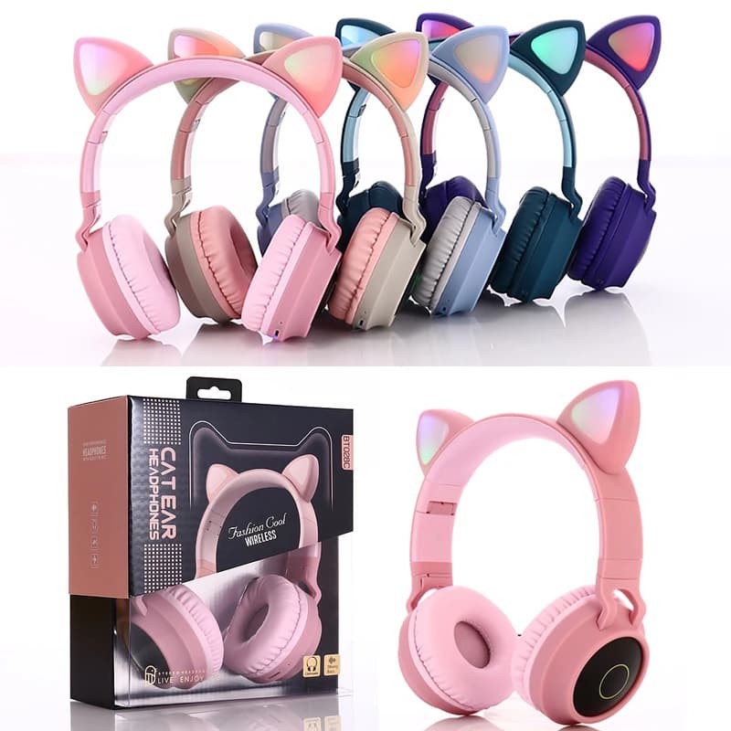 Bluetooth 5.0 Stereo Foldable Wireless Headset with LED Light, Cute Cat Ear Design, Mic, TF Card, FM Radio, and 3.5mm Plug