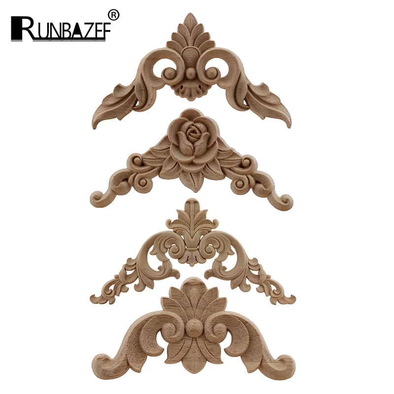 4-Piece Vintage Home Decor Solid Wood Applique Carved Mouldings for Furniture - Horn Flower Design