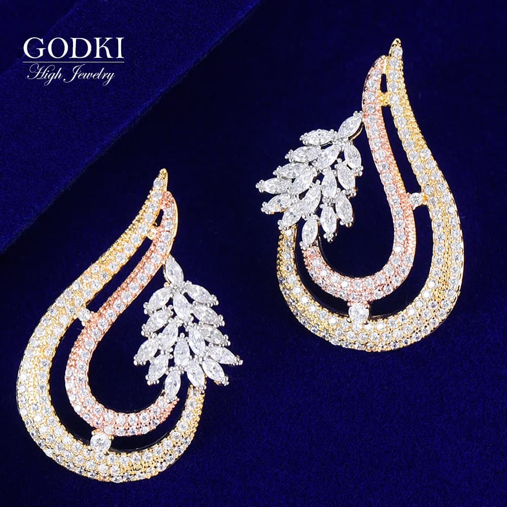 GODKI 31mm Trendy Luxury Waterdrop Stud Earring with Full Micro Cubic Zircon for Women Wedding - 3 Tone, CZ African Dubai Bridal Earring