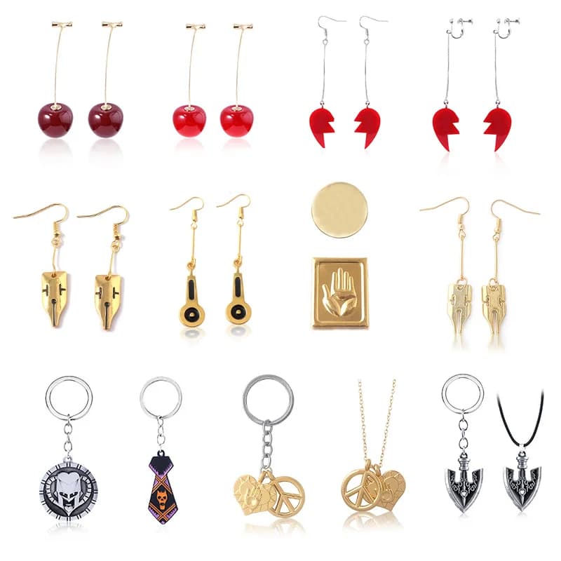 JoJo's Bizarre Adventure Kakyoin Noriaki Cosplay Cherry Stud Earring Necklace Keyring Badge Prop Accessory Set