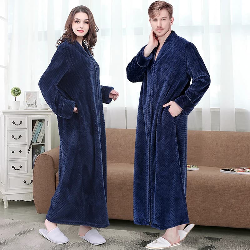 Men's Extra Long Thermal Flannel Bath Robe with Zipper - Plus Size, Thick and Warm Coral Fleece Bathrobe for Women and Men, Winter Robes for Men's Dressing Gown
