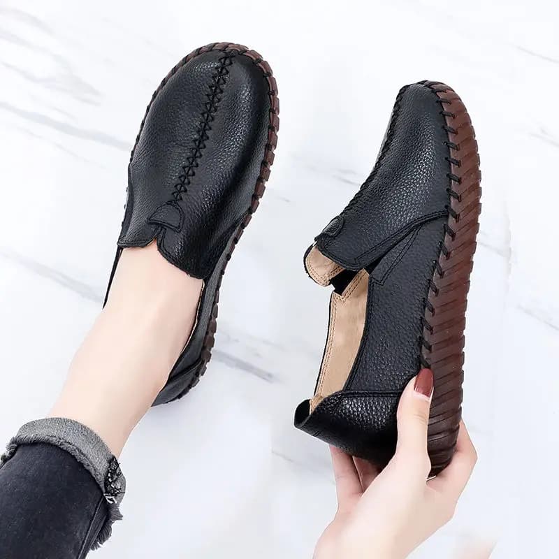 Waterproof Women's Loafers - Genuine Leather Black Flats with Designer Stitching, Wide Fit Driving Shoes, White Moccasins for Women