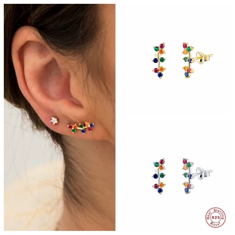 Aide 925 Sterling Silver Gold Flower Rattan Stud Earrings for Women Colorful Rainbow Zircon Ear Climber Earring Fine Jewelry