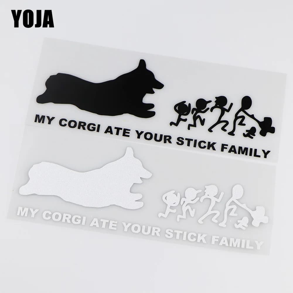 YOJA 19X6.7CM Funny Vinyl Decal Car Sticker Decoration: My Corgi Ate Your Stick Family, ZT4-0074