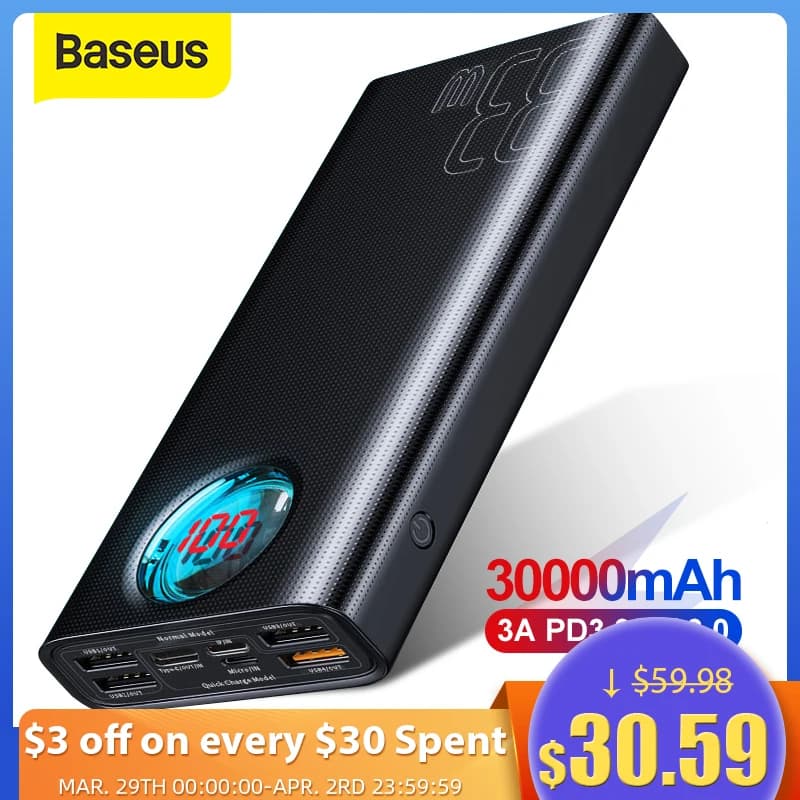 Baseus 30000mAh Type-C PD 3.0 Power Bank - Fast Charger for iPhone, Quick Charge 3.0 External Battery Powerbank Compatible with Xiaomi and Samsung