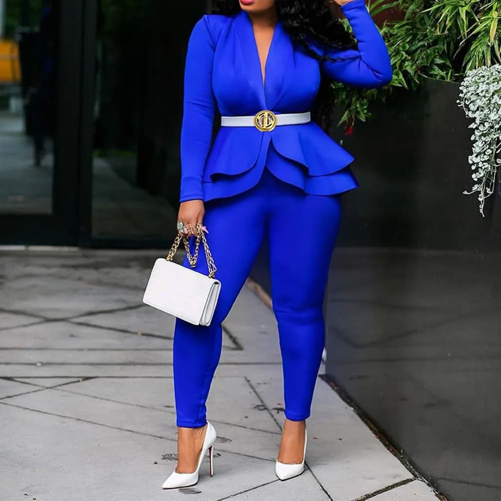 Royal Blue African Women's 2-Piece Office Lady Workwear Set - Elegant Ruffle Top and Pants Business Suit