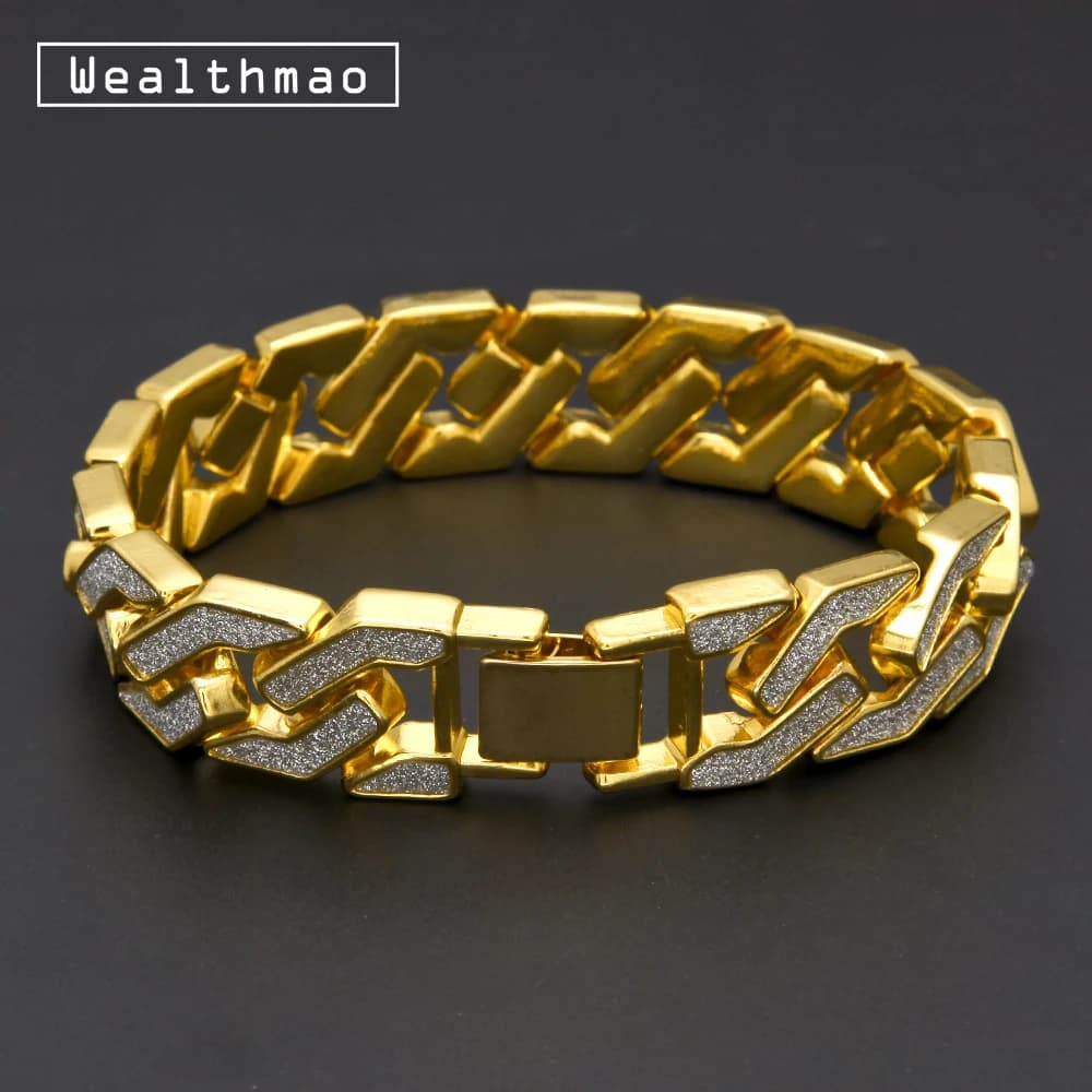 Sand Blast Bracelet Cuban Chain Link Alloy Iced Out Hip Hop Gold Silver Color Bling Crystal Heavy 15MM for Mens Bracelets 8.6"