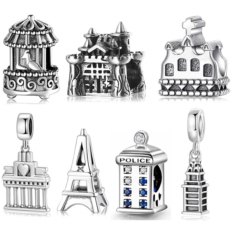 JIUHAO Charms Bracelet Pyramid with Evil Clear CZ Eye Beads - Real 925 Sterling Silver Bead for DIY Jewelry Making - Fit Original Fitness