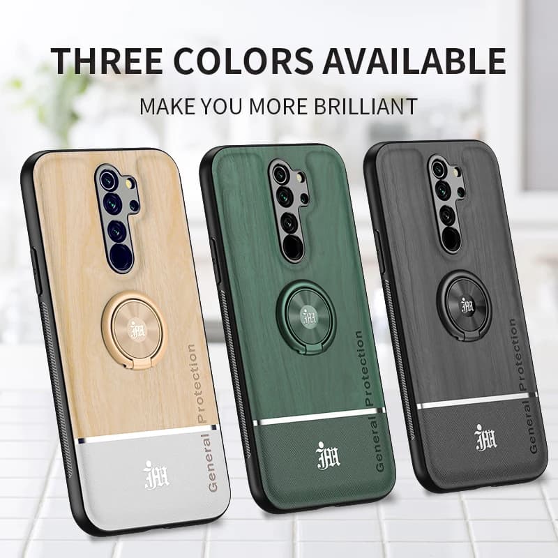 Xiaomi Redmi Note 8 Pro Bionic Wood Grain Mobile Phone Case with Ring Bracket and Lens Protection