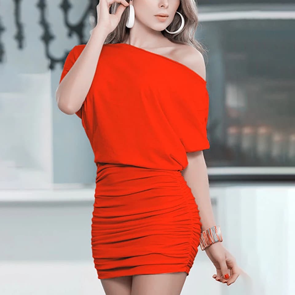 One Shoulder Batwing Sleeve Dress - Sexy Mini Pleated Party Night Dress for Women
