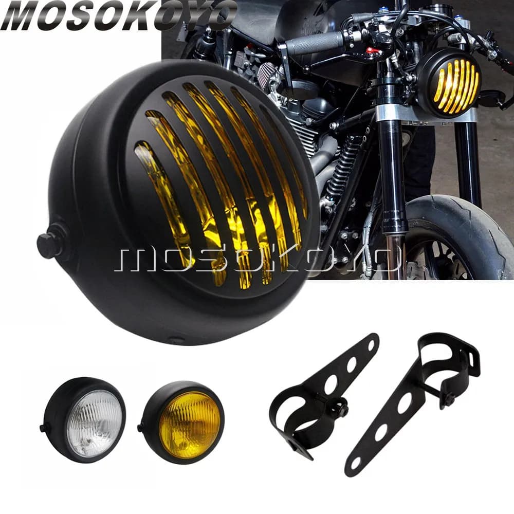 Vintage Motorcycle Headlights - Retro Grill Headlight for Harley Sportster 883, 1200, Chopper, Bobber, CG250, NG125, XS650 - Perfect for Cafe Racers
