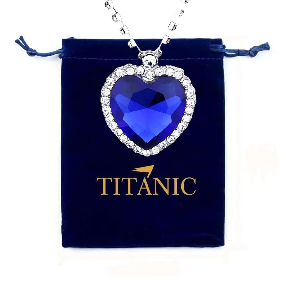 Ocean Heart Titanic Blue Pendant Necklace+Velvet Bag New Fashionable Sparkling Full Diamond Eternal Love Red Sweater Chain