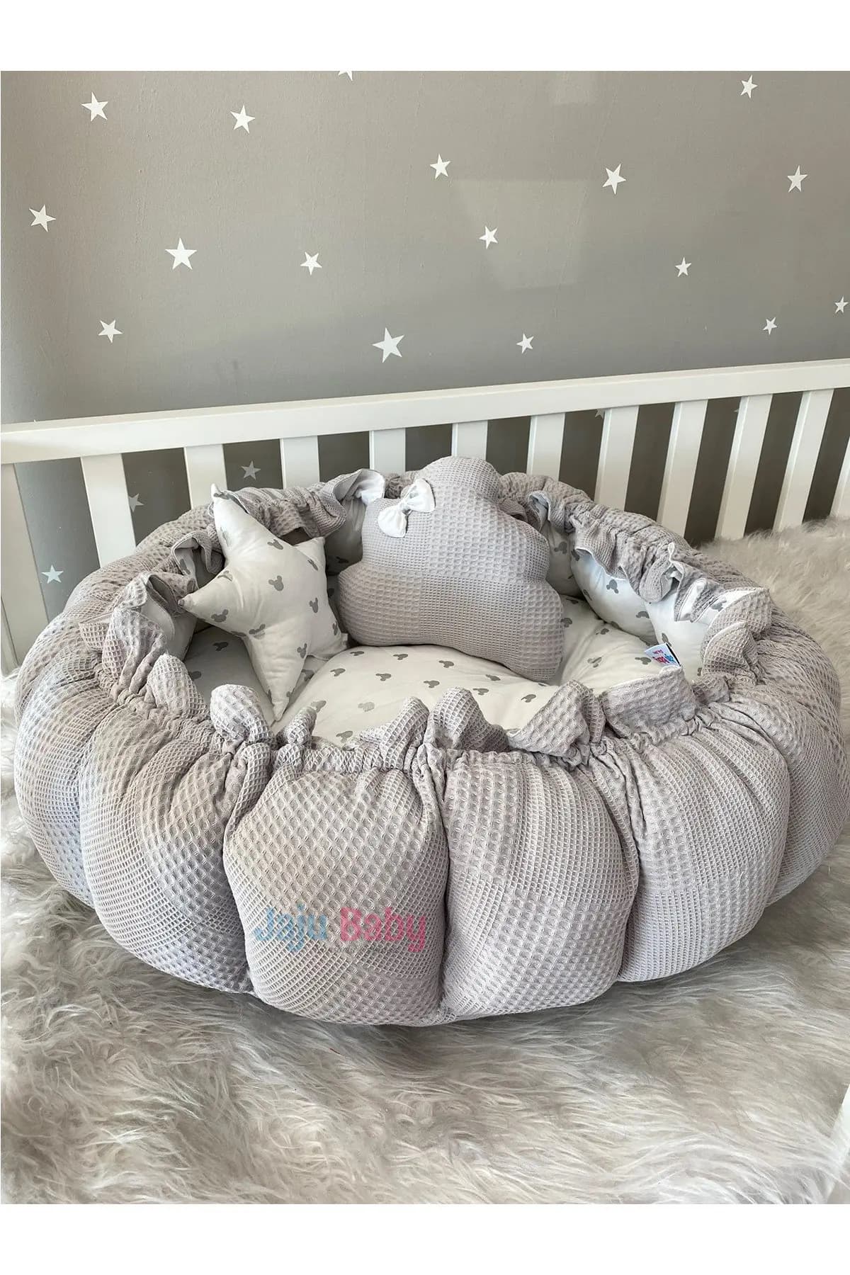 Handmade Gray Pique Fabric and Mickey Fabric Design Retractable - Collapsible Play Mat Baby Nest