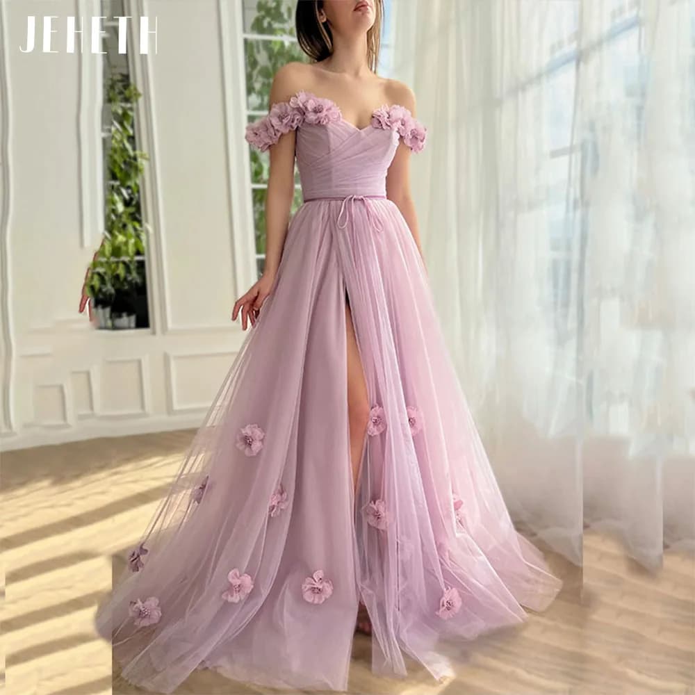 JEHETH 3D Flowers Pink Prom Party Dress Women Princess High Split Tulle Evening Gown Open Back Customized فساتين حفلة موسيقية