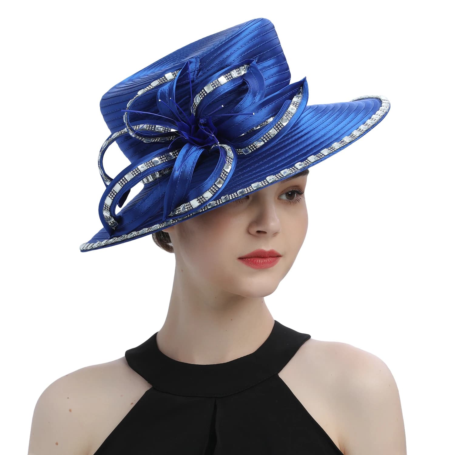 Blue Satin Cloth Church Hat Deluxe Elegant Photography Hat Beauty Fancy Formal Flower Fascinator Top Hat for Women Ladies Sequin
