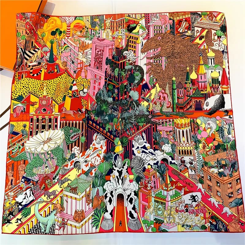 Manual Hand Rolled Twill Silk Scarf Women 2024 Animals Kingdom Square Scarves Echarpes Foulards Femme Wrap Bandana Hijab 90CM