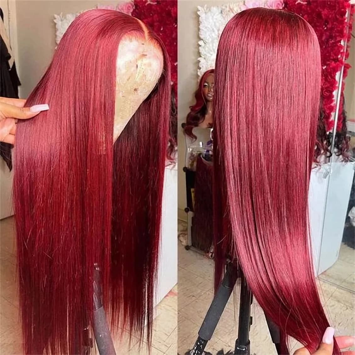 99J Glueless Wig Human Hair Burgundy Straight Brazilian Red Colored Wigs 30 40 Inch HD Transparent Pre plucked Cheap For Women