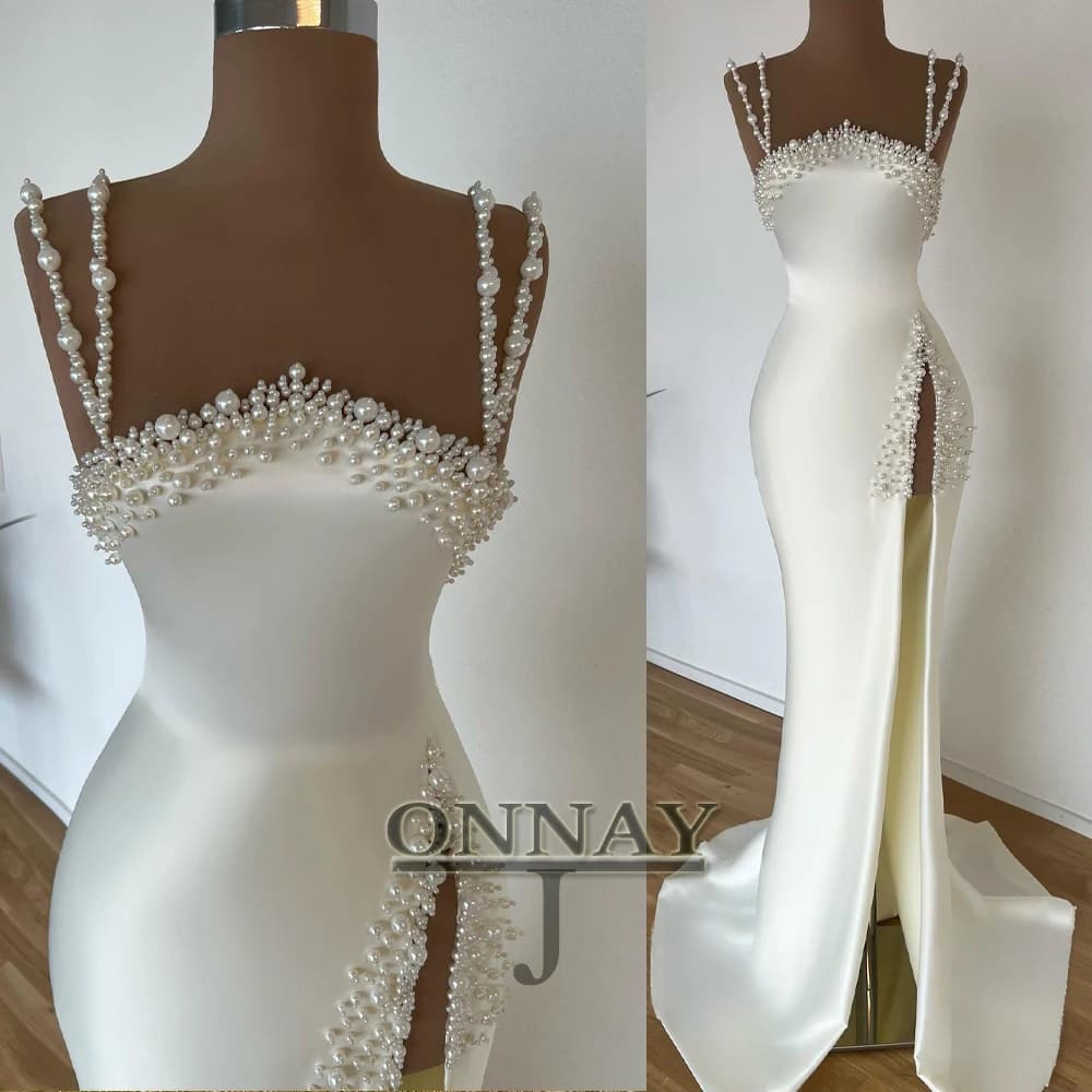 Customized Luxury Mermaid Sain Prom Dresses Pearls with Slit Women Saudi Arabric Gala Bespoke Pageant Formal Vestidos De Fiesta