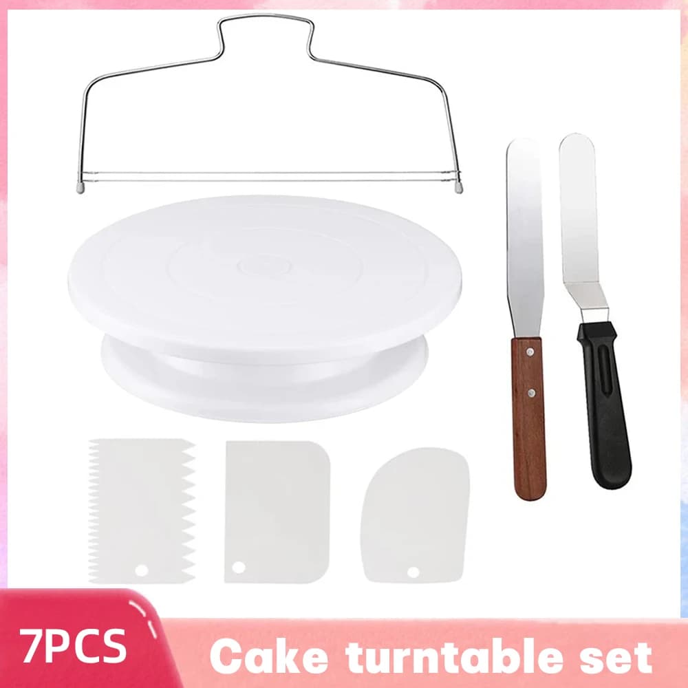 7Pcs Cake Making Tools Kit For Decorating Include Plastic Rotating Cake Turntable Icing Smoother/Spatula Cakes Leveler