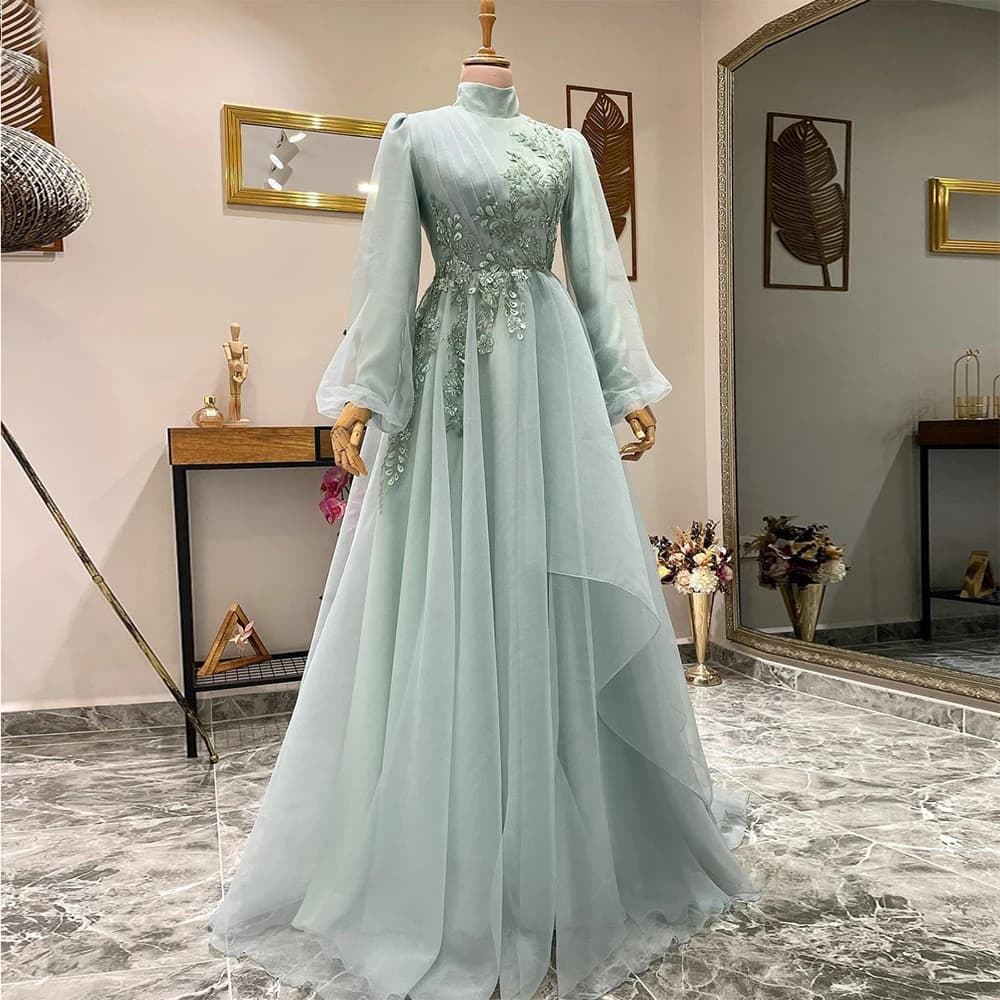 Elegant Mint Muslim Evening Dresses Women High Neck Customized Prom Dress Floor Length A-Line Party Gowns Tulle فستان سهرة