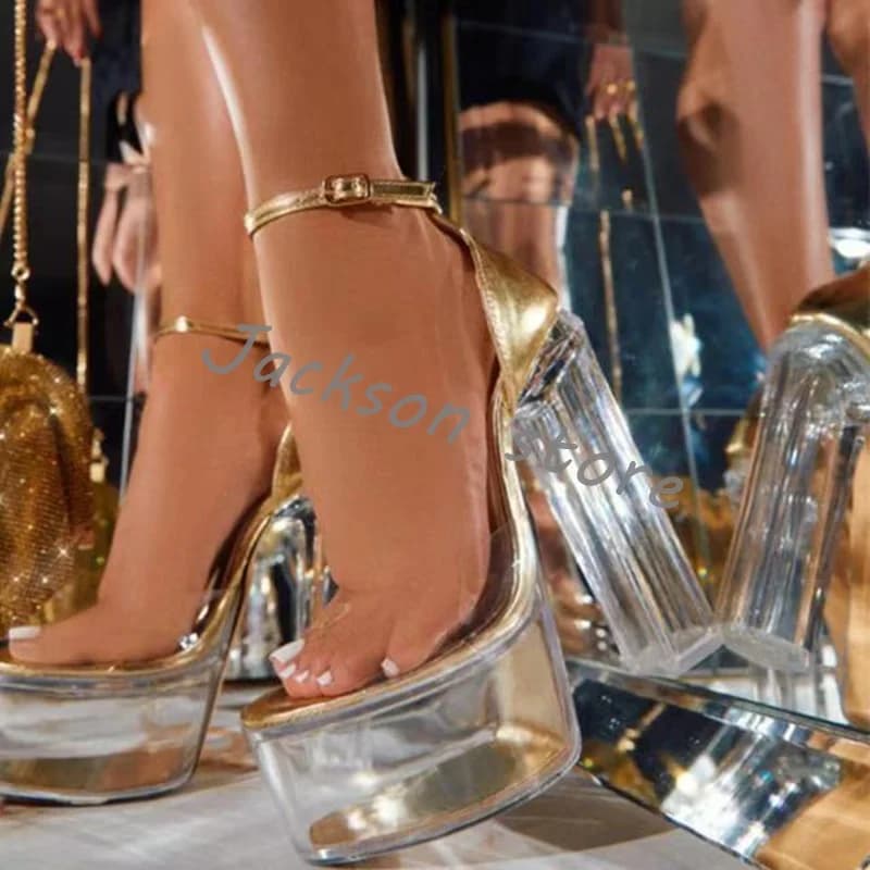 Transparent Crystal Chunky Heel Sandals Women Super High Heel Buckle Platform Pumps One Straps Catwalk Female Dress Shoes 15cm