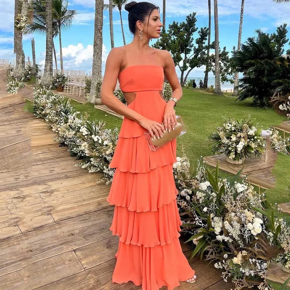 Sexy Evening Gown 2024 Strapless Tiered Column Backless Cut Out Elegant Women's Special Occasion Dress Orange Prom Party Dresses