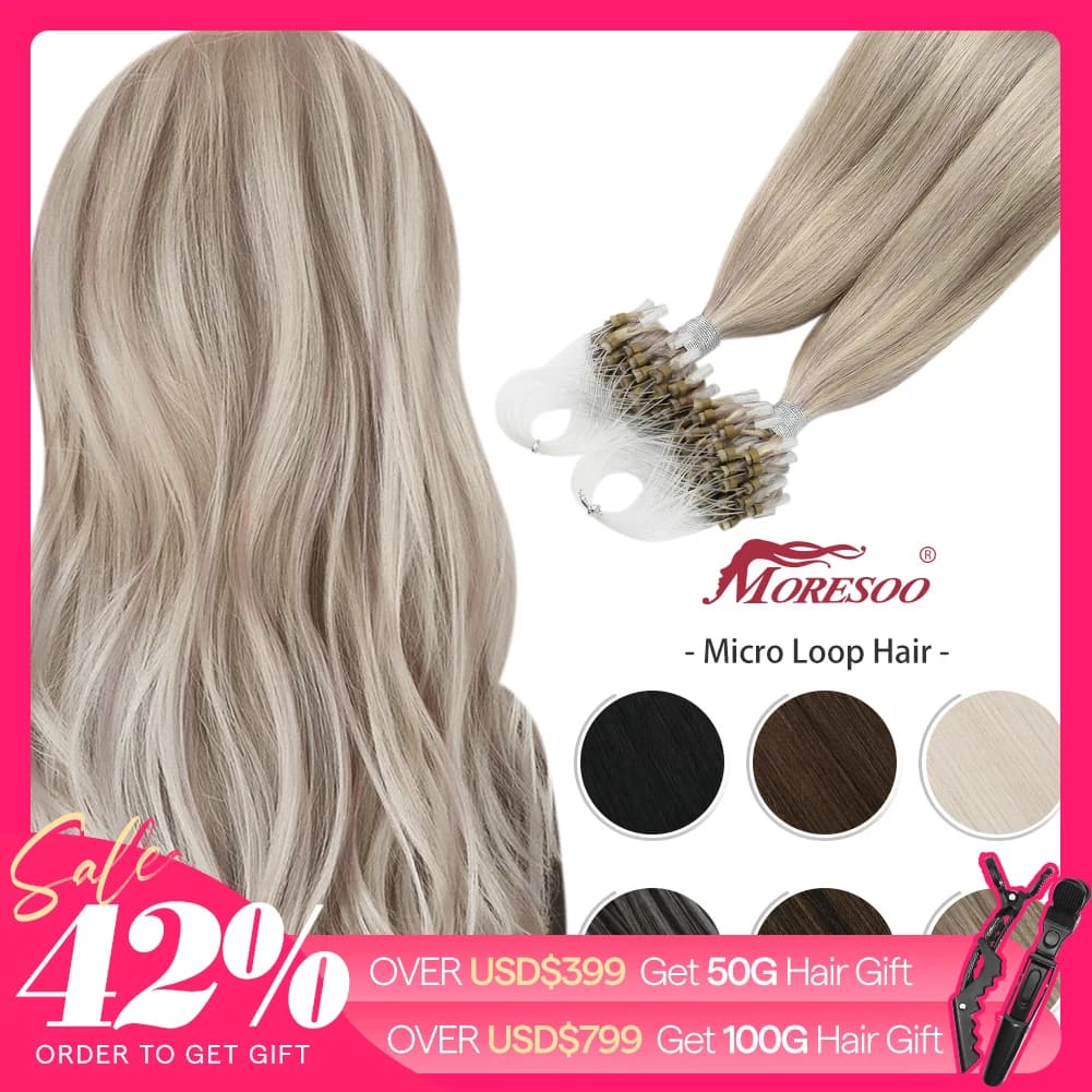 Moresoo Micro Link Hair Extensions Human Hair Micro Loop Hair Cold Fusion 50G Invisible Brazilian PreBonded Remy Micro Ring Hair
