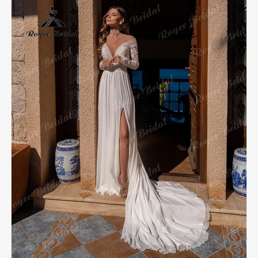 robe boheme Sexy Long Sleeve Lace Chiffon Boho V Neck Bohemian Wedding Dress for Bride 2025 Backless Split Side Customized Women