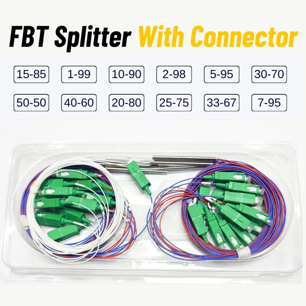 20pcs/lot SC/APC Fiber Optic FBT Splitter with Connector SC APC 1x2 0.9mm Unbalanced Coupler 70/30 60/40 Optional Ratio Splitter