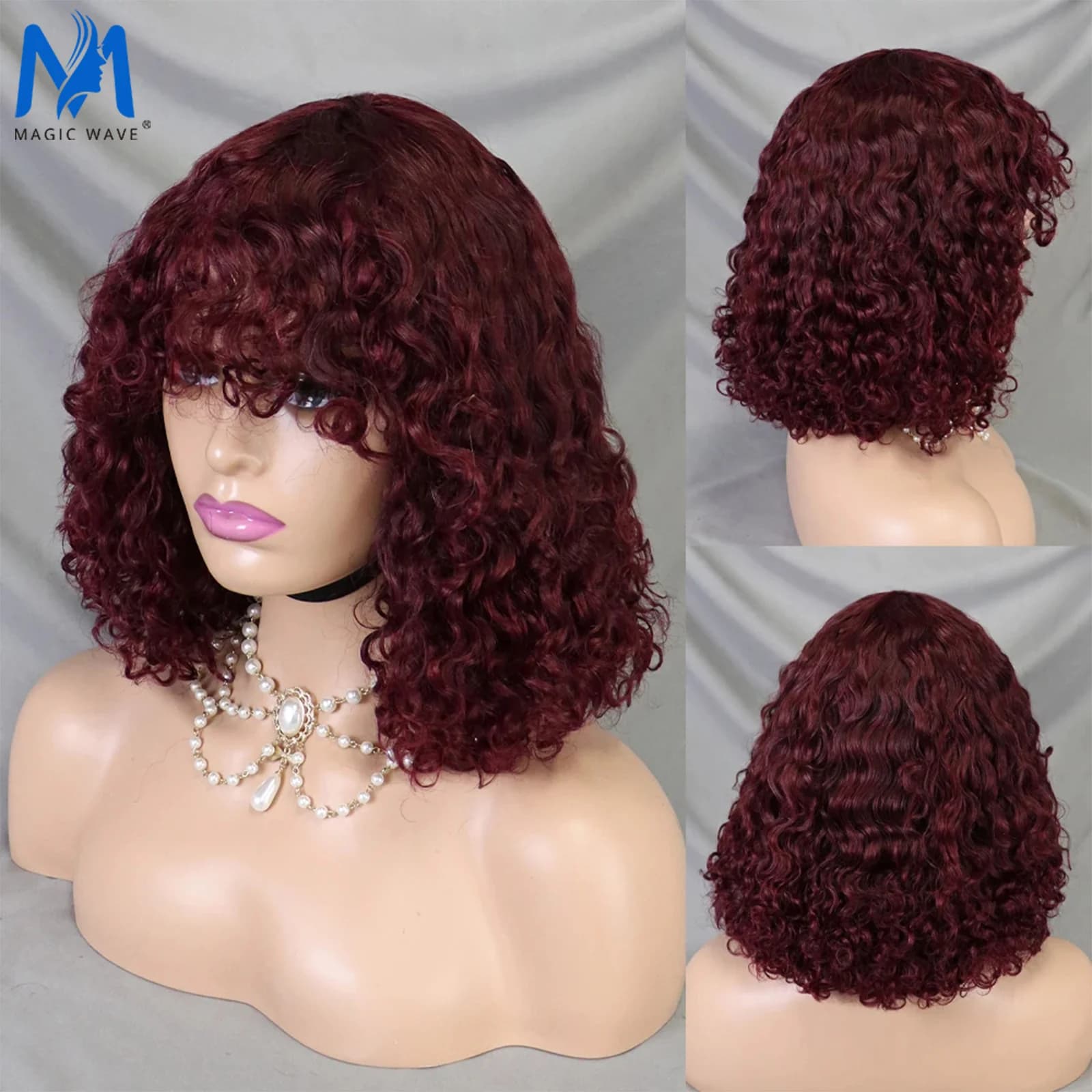 Water Wave Human Hair Wigs 12Inch Short Bob Human Hair Wigs with Bangs Curly Human Hair Wig Highlight Brown 99J Color