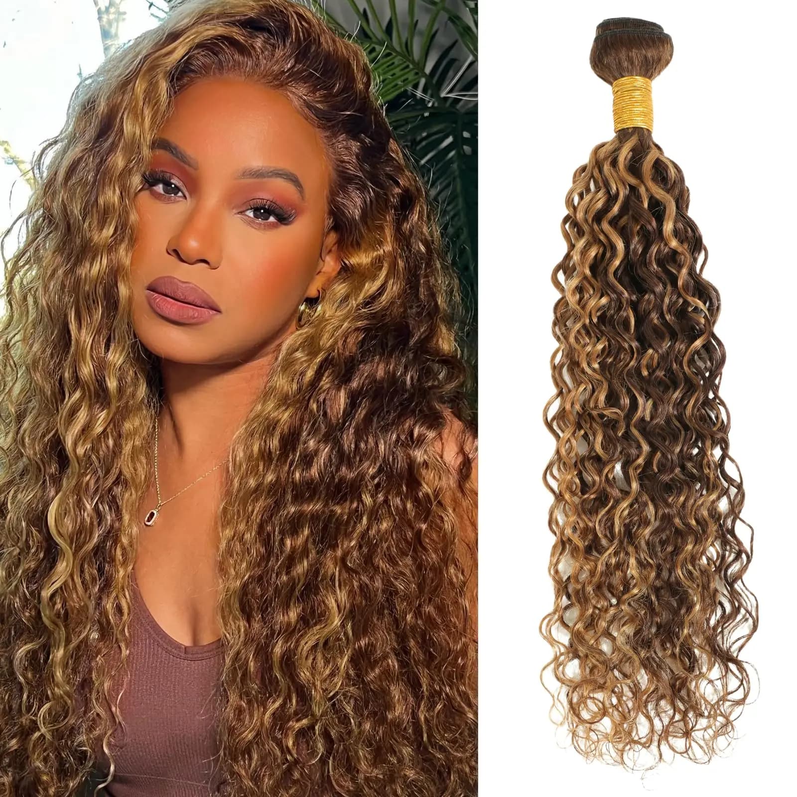 Honey Blonde Highlight Deep Wave Bundles 22 Inch P4/27 Ombre Single Bundles Wet and Wavy Bundle Human Hair Highlight Brown Color