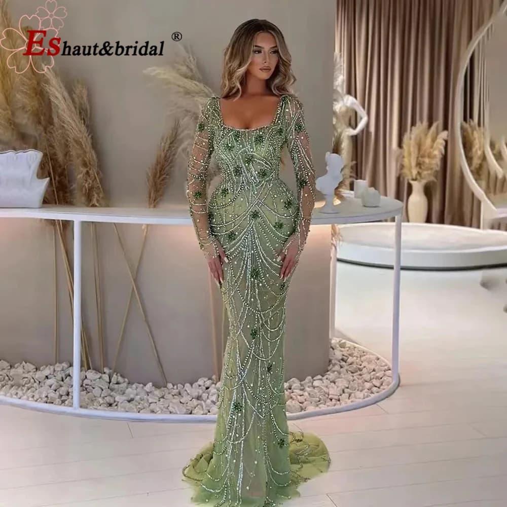 Luxury Green Mermaid Evening Dress for Women 2025 Crystal Beads Arabic Long Sleeves Formal Prom Wedding Party Gown Customized